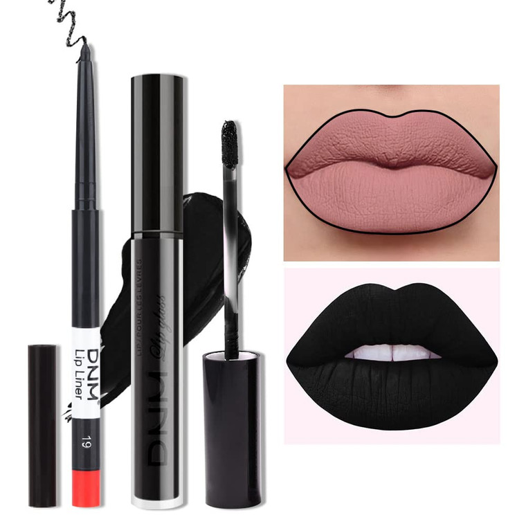 AMY'S DIARY 2pcs Black Matte Lip Liner and Lipstick Makeup Set, Black Lip Stain and Lip Liner Long Lasting Waterproof Set Dark Lipstick&Lip liner Mak