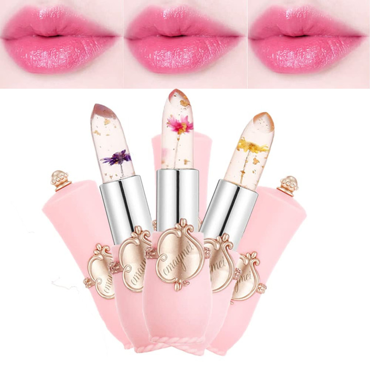 Pakivs 3Pcs Crystal Flower Jelly Lipstick Set,Magic Temperature Color Change Lip Gloss Long Lasting Clear Nutritious Moisturizer Lip Balm (Pink) (flo