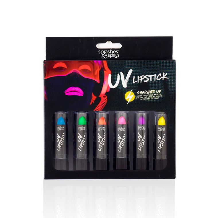 splashes & spills UV Blacklight Lipstick - 6 Color Variety Pack, 3.7g - Day or Night Stage, Clubbing or Costume Makeup