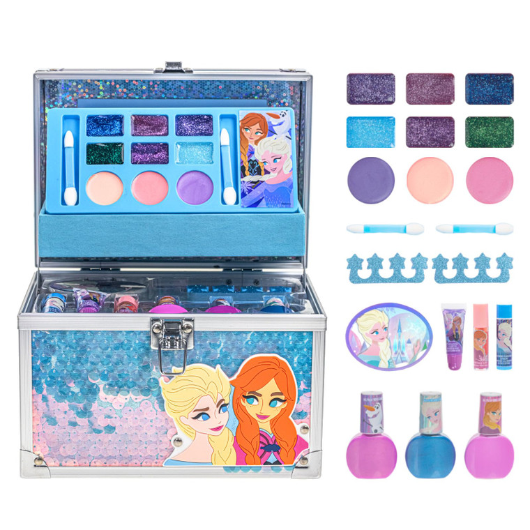 Disney Frozen Train Case Beauty Set, Kids Makeup Kit for Girls, Real Washable Makeup Set, Play Makeup, Party Favor, Birthday, Ages 3 4 5 6 7 8 9 10 1