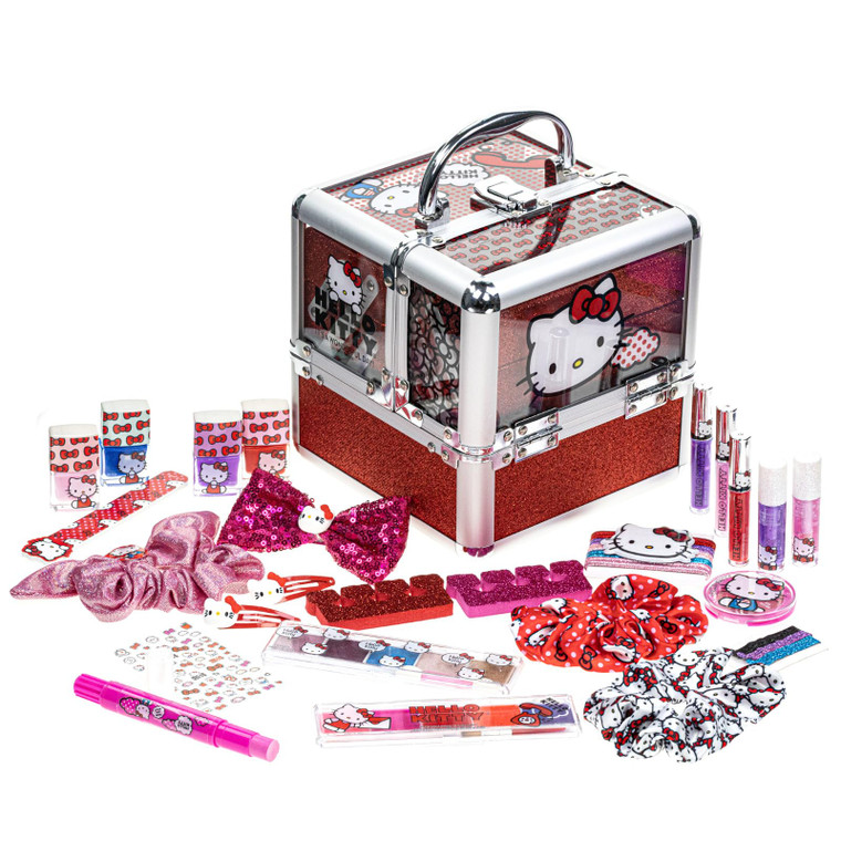 Hello Kitty Train Case Cosmetic Makeup Set Includes Lip Gloss, Eye Shimmer, Nail Polish, Hair Accessories & More! For Girls, Ages 6+ Perfect for Part