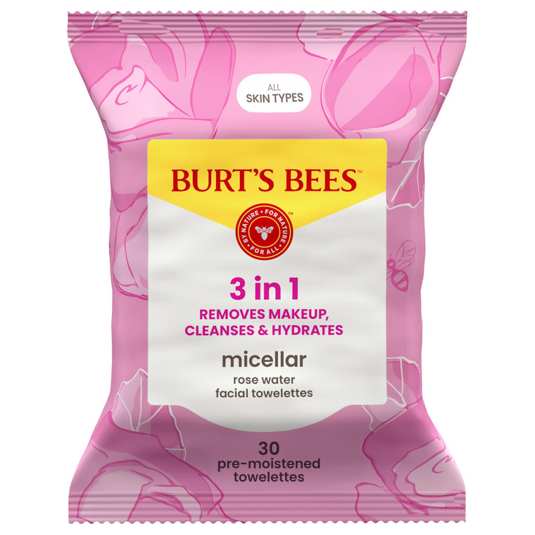 Burts Bees Micellar Rose Water Facial Towelettes, 100% Plant Based Cloth; 99% Natural Origin; Remove Makeup, Cleanse, Hydrate; No Greasy, Oily Resid