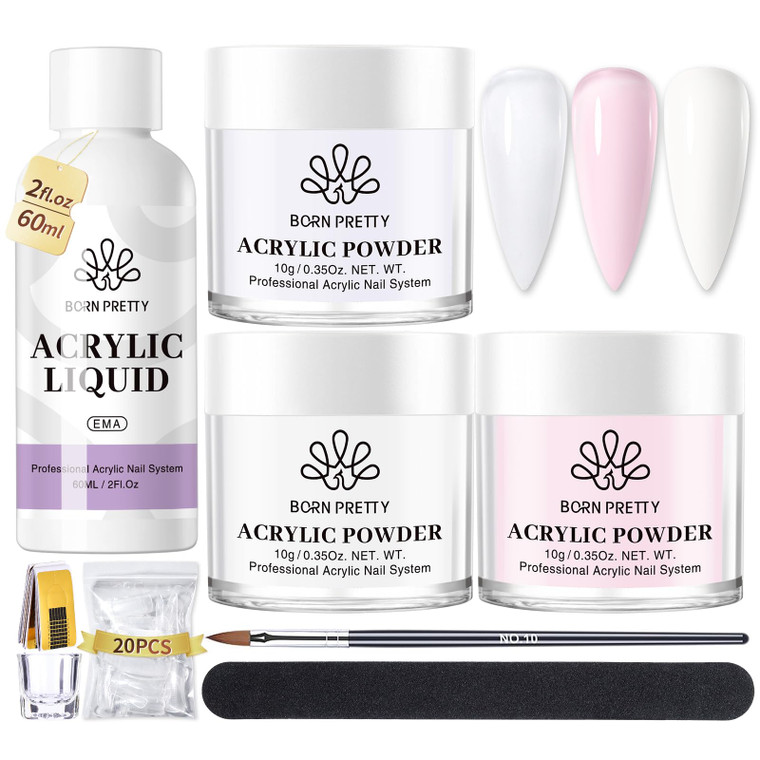 BORN PRETTY Acrylic Nail Kit - Acrylic Powder (Clear, White, Pink) & Liquid Set with Nail Forms, Brush Pen, File & Glass Container - Beginner Friendl