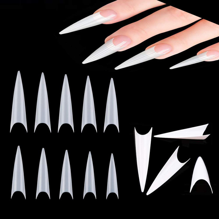 Long Stiletto Natural Nail Tips - Acrylic Half Cover Pointed Fake Nails, Long Claw False Artificial Tips 600pcs 10 Sizes With Box