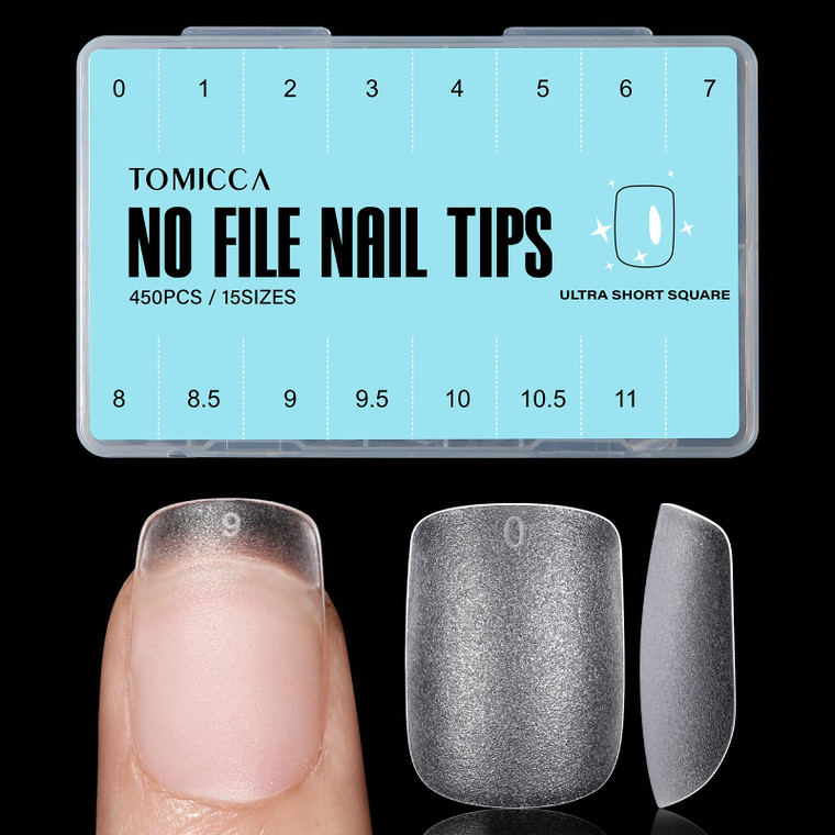 TOMICCA Extra Short Square Nail Tips, 15 Sizes Soft Double-sided Matte Fake Nails for Extensions, 450Pcs Acrylic Pre Shaped Gel Nail Tips for Home DI