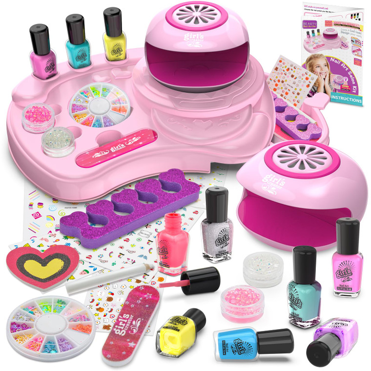 Amagoing Nail Polish Set for Girls Ages 7-12, Kids Nail Art Studio Kit, Non Toxic Quick Dry Nail Polish, Nail Dryer, Storage Desk, Glitter, Cool Girl