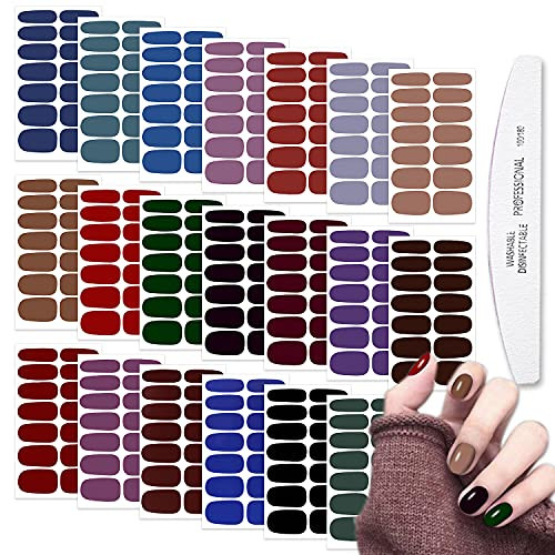 WOKOTO 20 Sheets Dark Solid Color Series Nail Polish Strips Stickers with Nail File Self-Adhesive Punk Rock Gel Nail Strips Full Wraps for Women Nail