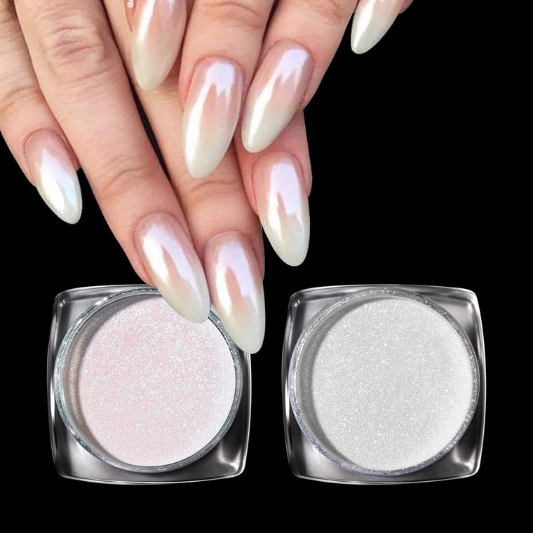 Pretty Diva White Pearl Chrome Nail Powder - 2 Colors Pearl Nail Powder Ice Transparent Aurora Chrome Nail Powder, High Gloss Pearlescent Iridescent