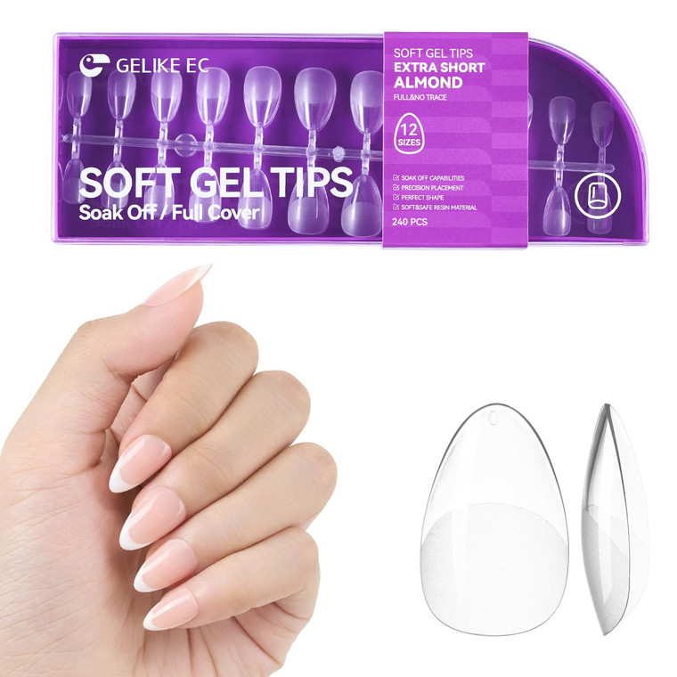 Gelike EC Extra Short Almond Gel Nail Tips Kit for Soak Off,Full Cover Soft Nail Tips,Pre-buff PMMA Resin,Clear Ultra-Thin Design,12 Sizes,240 Pieces