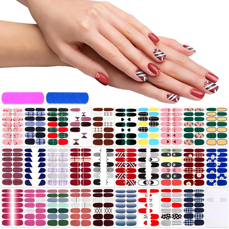 420-Piece Nail Polish Strips - 30 Self-Adhesive Sheets with Nail File - Flower & Geometry Designs for Women & Girls