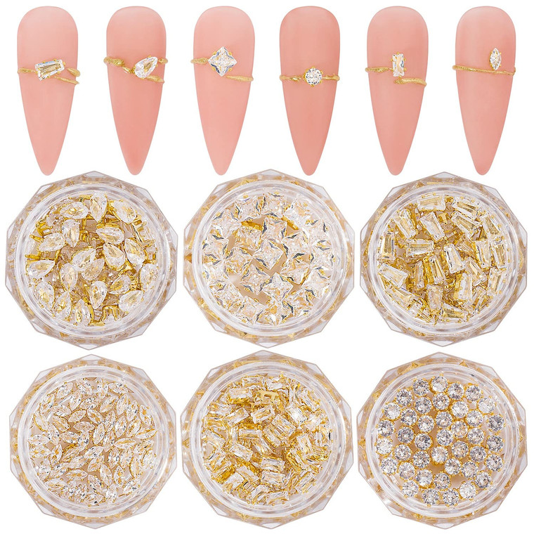 HNUIX 3D Nail Charms and Gems - 120Pcs Copper Metal Zircon, Gold Multiple Shape Smal Crystals Rhinestones, Nail Decorations Accessories for Nails Des