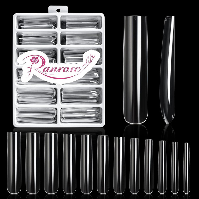 Ranrose Extra Long Nail Tips, 240PCS XXXL Long Square Acrylic Nails Full Cover Clear Long Straight Tapered Square Nail Tips 12 Sizes Pre-shaped Fake