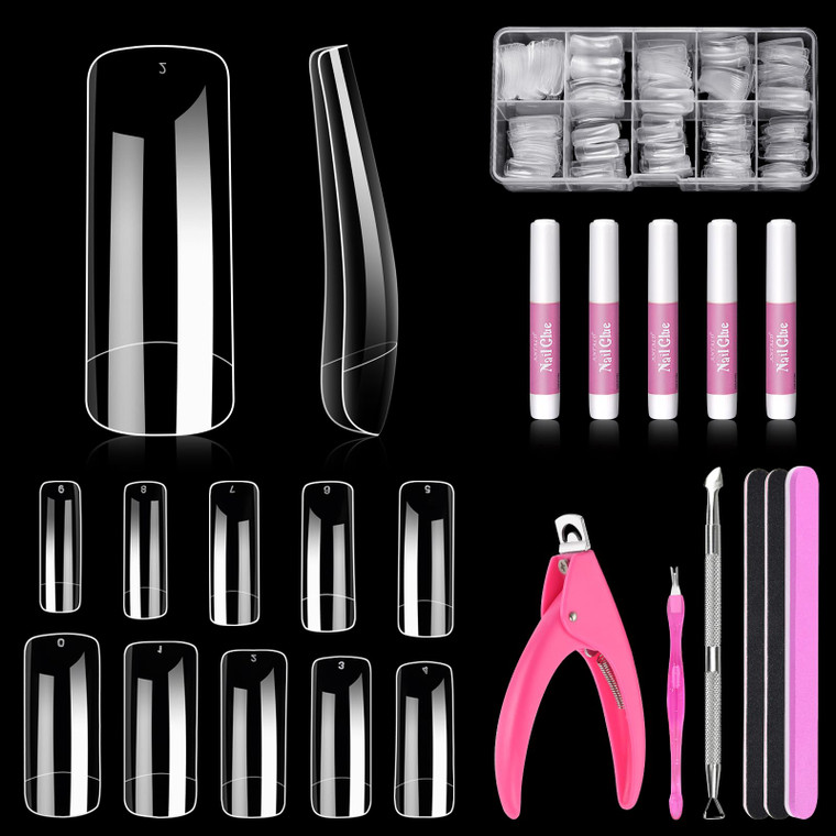 MORGLES 500 Pcs Clear Acrylic Nail Tips Square Full Cover with Nail Clipper Files and Glues Cuticle Fork for Home DIY with Box