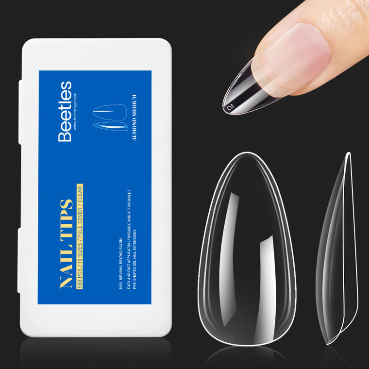 Beetles Gel Nail Tips Almond Medium Shape Nails, 500Pcs Pre Shaped Soft Nail Tips Clear Full Cover False Nails for Gel Nail Polish Soak Off Easy Nail