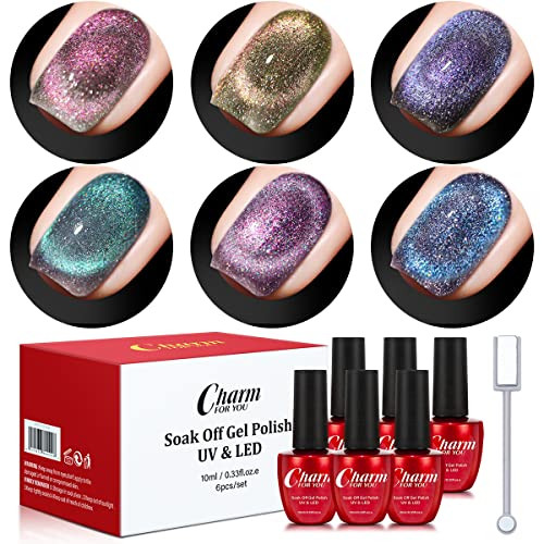 CHARMFORYOU Cat Eye Gel Nail Polish, 9D Magnetic Cat Eye Gel Polish Set with Magnet Stick,Chameleon Magic Galaxy Effect Cat Eye Polish 6pcs for Home