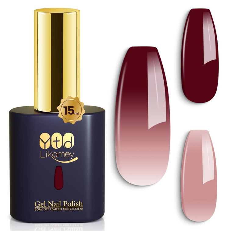 YTD Likomey Color Changing Gel Nail Polish,15ml Translucent Nude Pink Burgundy Red Mood Temperature Change Color Ombre Thermal Salon Home Fall Winter