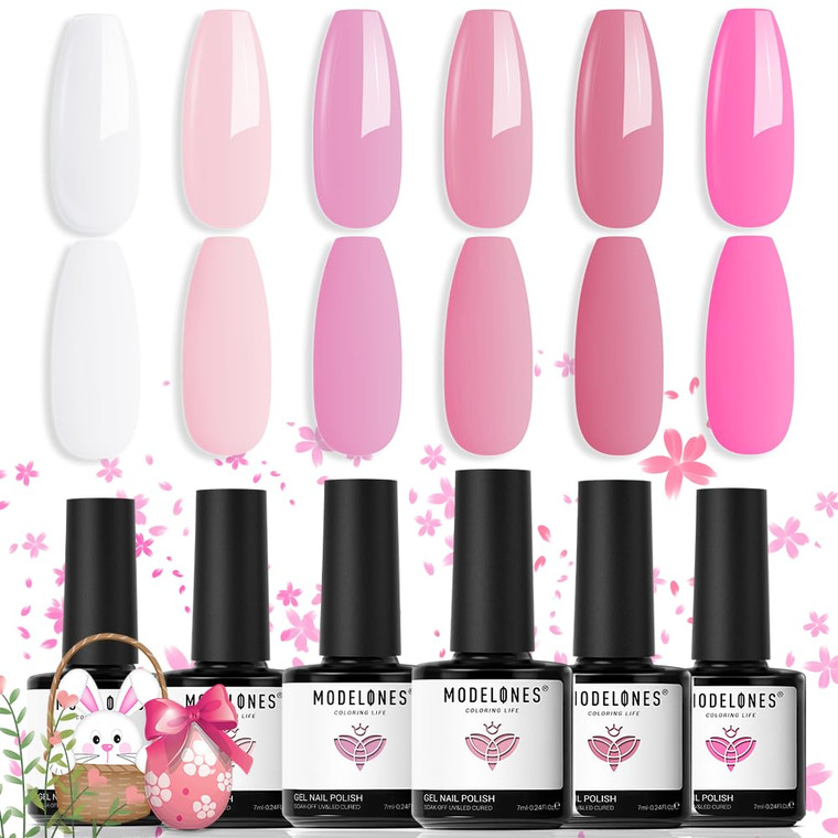 modelones Gel Nail Polish Set, 6 Colors 2026 Easter Light Soft Pink White Nude Pink Gel Polish Soak Off Nail Art Design Manicure Kit Salon DIY Home G