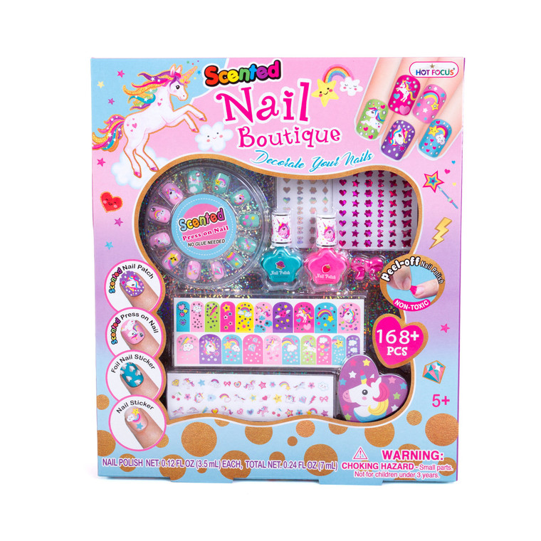 Hot Focus Scented Nail Boutique  168 Piece Unicorn Nail Art Kit Includes Press on Nails, Nail Patches, Nail Stickers, Nail Polishes, Nail File and R