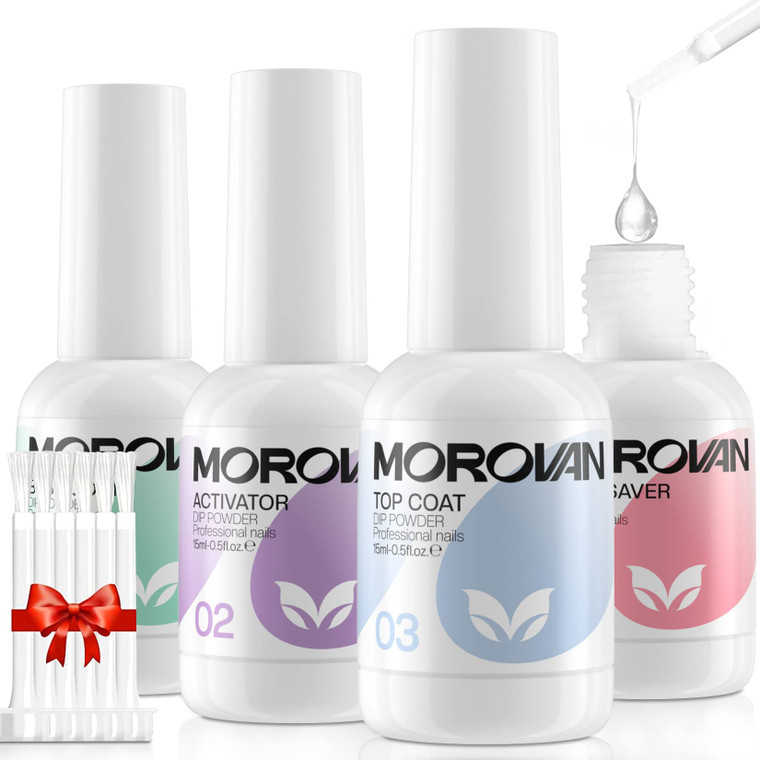 Morovan Dip Powder Liquid Set with Activator Base Top Coat and Dipping Powder Brush Saver 4pcs 0.5oz for Dip Nail Kit