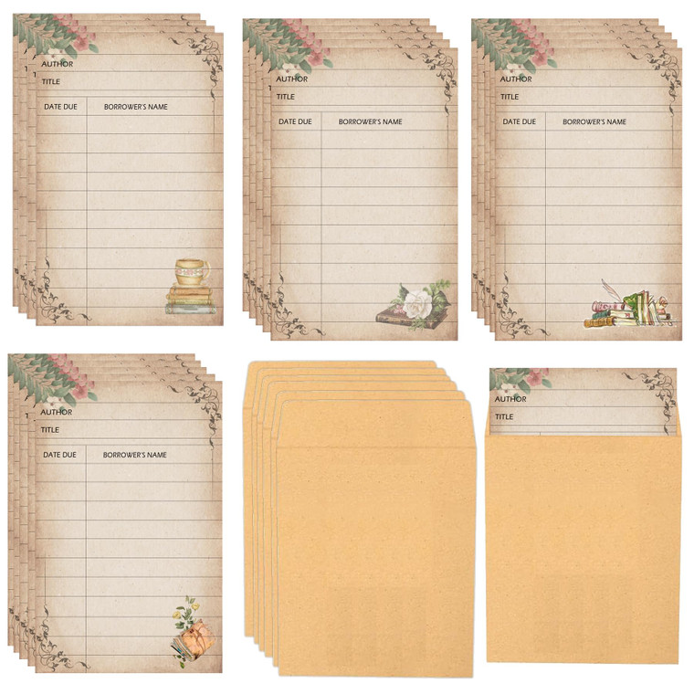 Library Card Pocket with Envelopes 80 Pack Self Adhesive Checkout out Cards - Due Date Note Vintage LibraryReading List Bookmark for Checkouts, Class