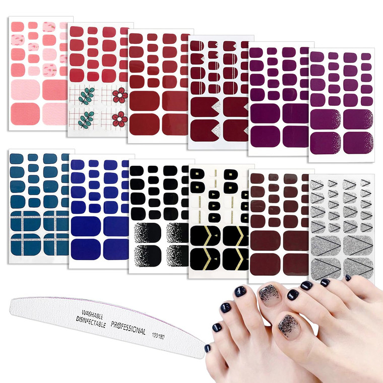 WOKOTO 12 Sheets Self-Adhesive Nail Polish Wraps for Toes and 1Pc Nail File, Shinny Solid Silver Stick On Nails Stickers Toe Nail Polish Strips for W