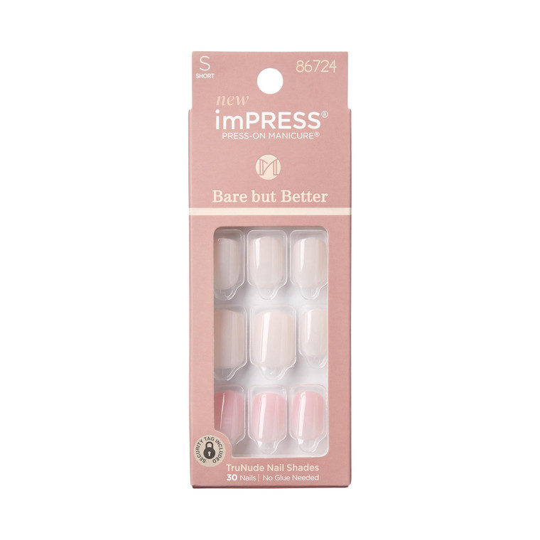 KISS imPRESS No Glue Mani Press On Nails, , 'Effortless Finish', Nude, Short Size, Squoval Shape, Includes 30 Nails, Prep Pad, Instructions Sheet, 1