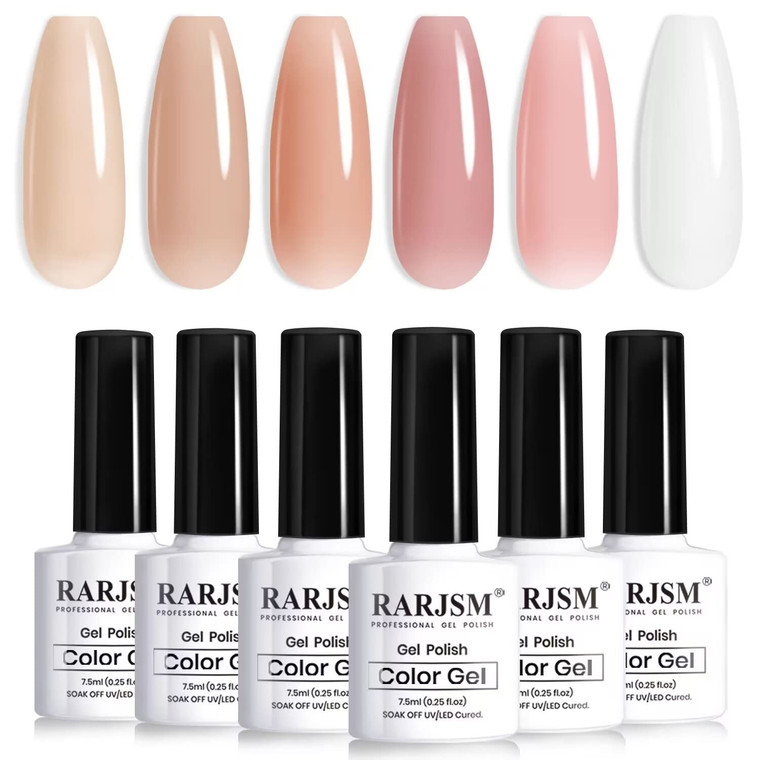 RARJSM Nude Gel Nail Polish Set of 6 Transparent Colors 7.5ml Clear Purple Sheer Wine Red Milky Mavue French Manicure LED UV Gel Soak Off Curing Requ