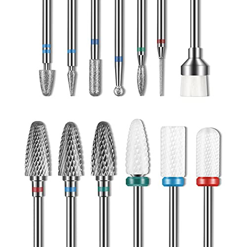 Depvko 13PC Nail Drill Bits Set, Drill Bits for Nails, 3pcs Tungsten Carbide Drill Bits+ 3pcs Ceramic Efile Nail Drill Bits+ 6pcs Cuticle Drill Bits+