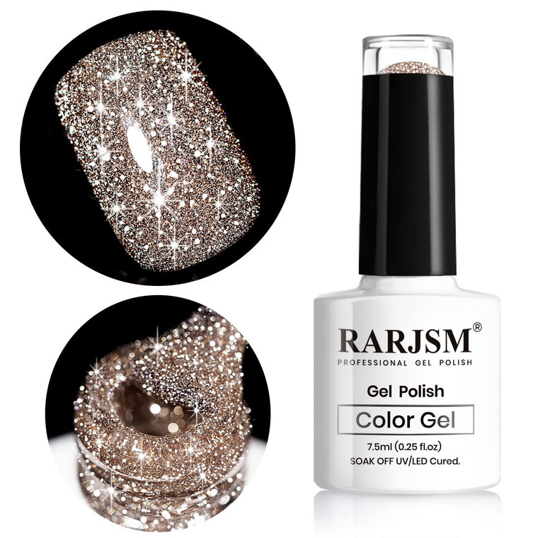 RARJSM Reflective Glitter Gel Polish,Flash Dimond Nude Brown Gel Nail Polish Winter Colors Sparkly Shiny U V L E D Curing Need Nailgel for Manicure D