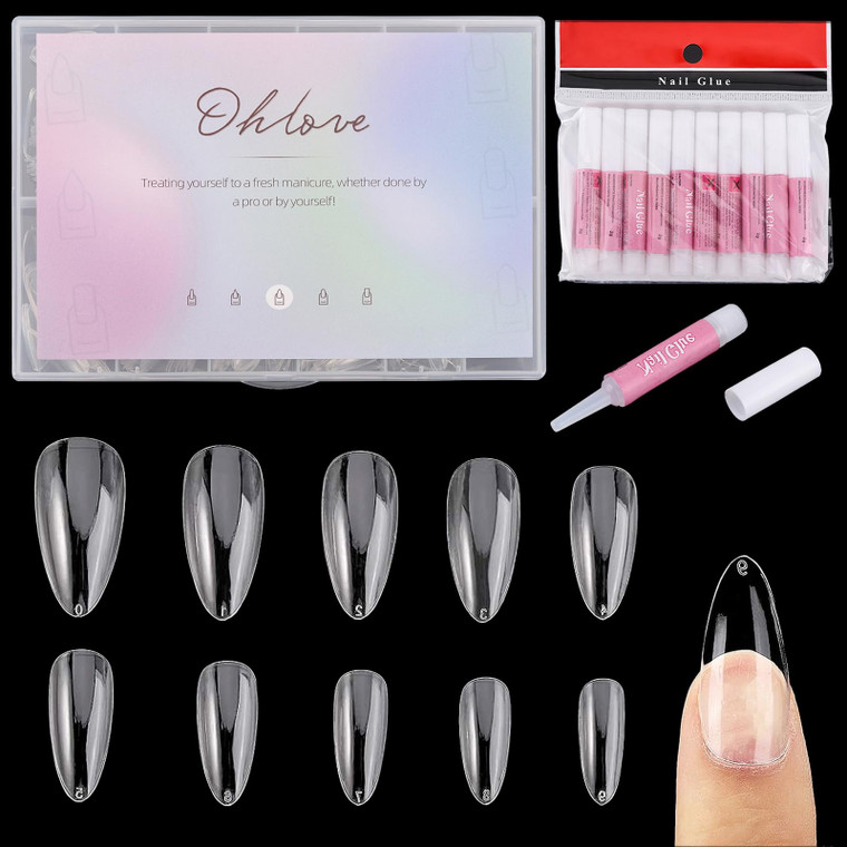 500Pcs Almond Nails Full Cover Clear Acrylic Nail Tips with 10Pcs Nail Glue for DIY Nail Art