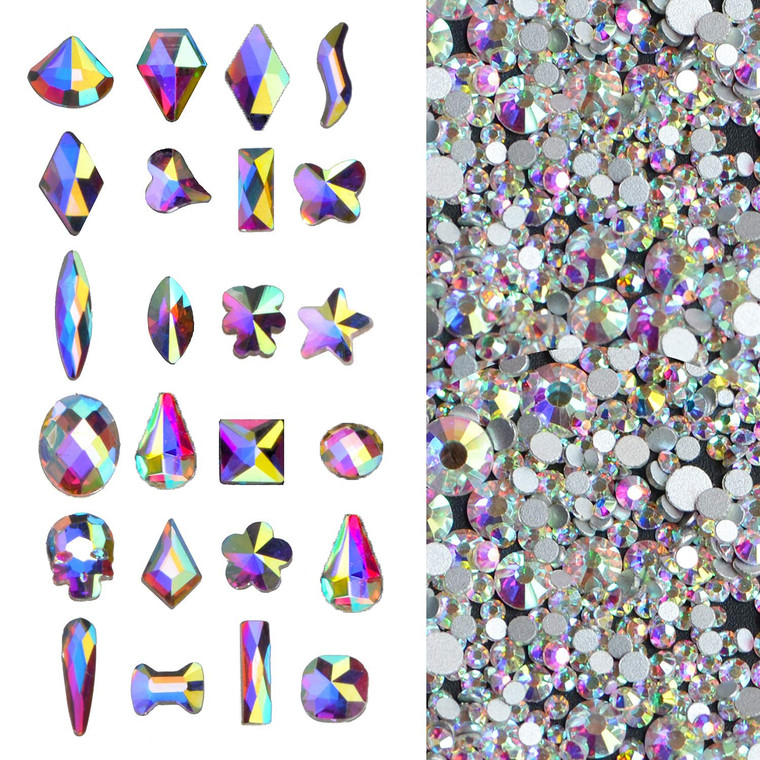 2000Pcs AB Crystal Rhinestones Set (1760pcs+240pcs), Round & Multi-Shape AB Glass Rhinestone, Flatback AB Crystals for Nails, Clothes, Face, Jewelry