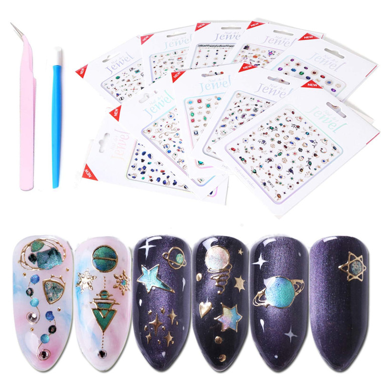 10 Sheets Luxury Nail Stickers for Girls - Stunning Gem Art in Multiple Crystal Bronzing Shapes,Colorful 3D Self-Adhesive Decals for DIY Nail Art wit