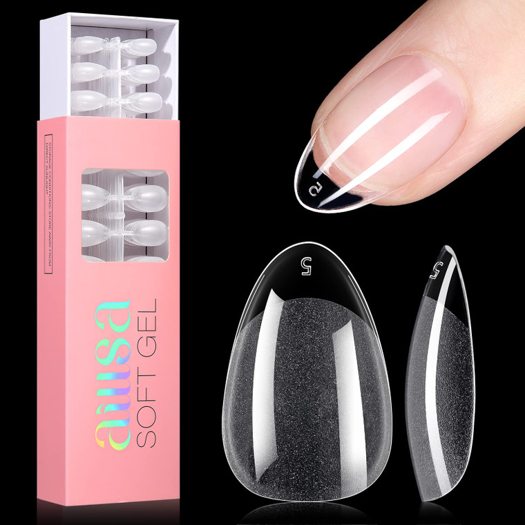 AILLSA Short Almond Nail Tips 360Pcs Full Cover Gel Nails Tips Half Matte No File Clear False Gelly Soft Nails Tip Fake Almond Shaped Nails for Press
