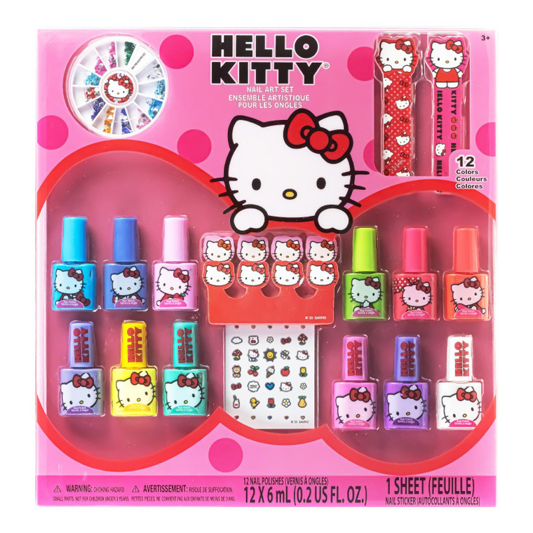 Hello Kitty Water-Based Nail Polish Set, Peel-Off Set with Glittery & Opaque Colors and Nail Accessories for Girls Kids, Perfect for Dress Up, Partie