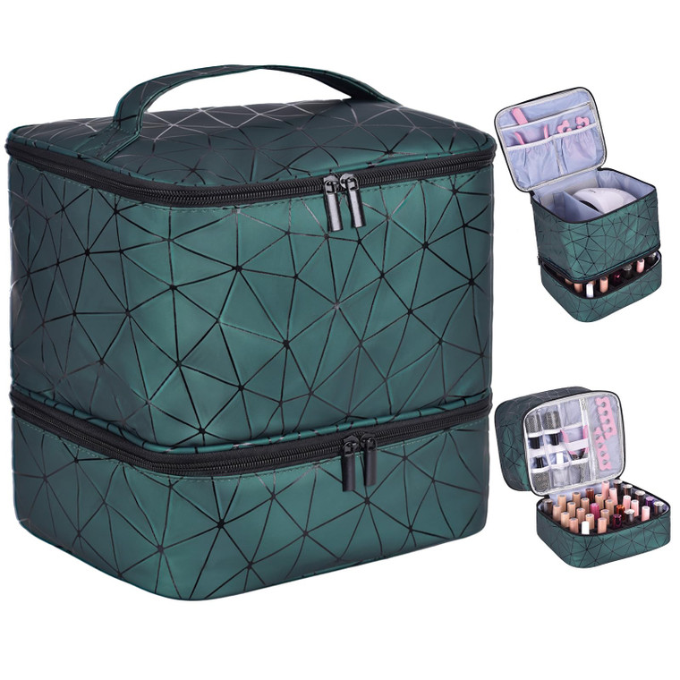 RZMAYIS PU Leather Nail Polish Organizer, Double Layer Nail Polish Storage Holds 30 Bottles (15ml/0.5fl.oz) & Nail Lamp, Portable Nail Bag Organizer