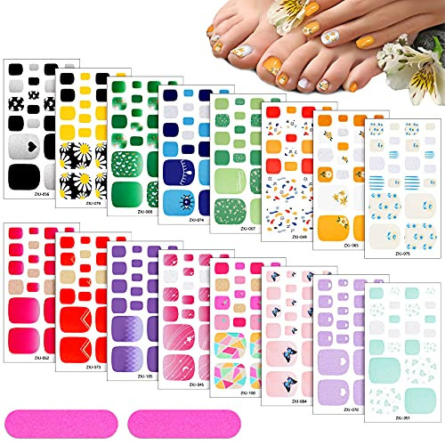 352 Full Toe Nail Wraps - 16 Sheets Glitter Toenail Polish Stickers with 2 Nail Files for DIY Manicure Decals (Fresh Style)