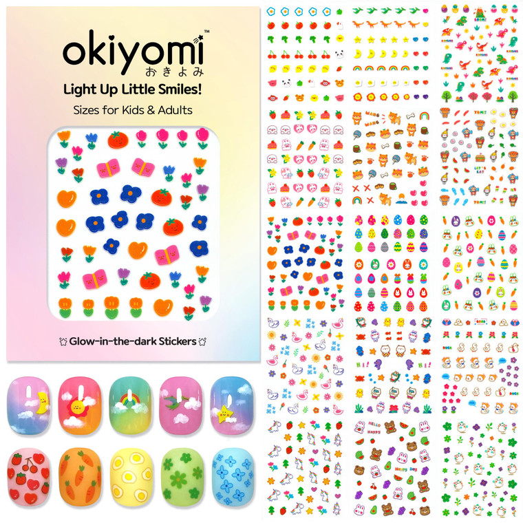 15 Sheets of Nail Stickers for Kids - 735 Cute Nail Stickers - Nail Decals for Girls - Flower, Bunny, Unicorn, Bear, Fruits | Glow in The Dark
