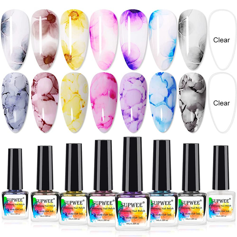 SUPWEE Blooming Nail Polish Watercolor Ink Marble Nail Art Blossom Effect Manicure for Spreading Marble Effect 8 Colors 7ml(0.25fl oz)
