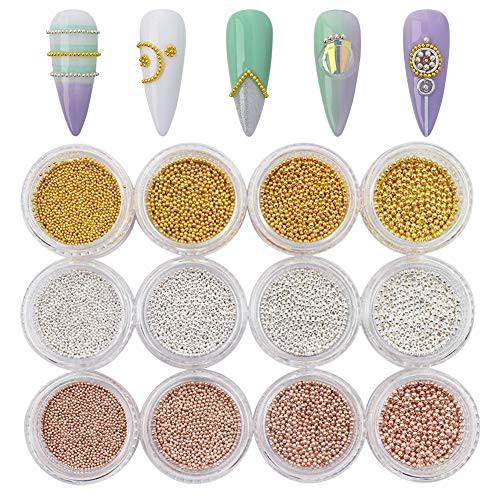 Sindy 12-Piece Nail Caviar Beads Fashion Gold, Silver & Rose Gold Nail Steel Ball Kit with Tools & Accessories for Women (Mixed Sizes)