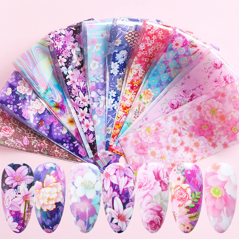 Flowers Nail Art Foil Transfer Stickers Decals - Holographic Pink Floral Design, Acrylic Nails Supplies for Fingernails Toenails Decoration (10 Sheet