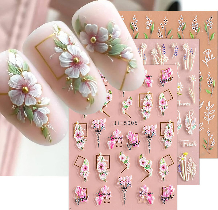 3D Embossed Flower Leaves Nail Art Stickers Decals 4 Sheets 5D Self-Adhesive Pegatinas Uñas Summer Nail Supplies Nail Art Design Decoration Accessori