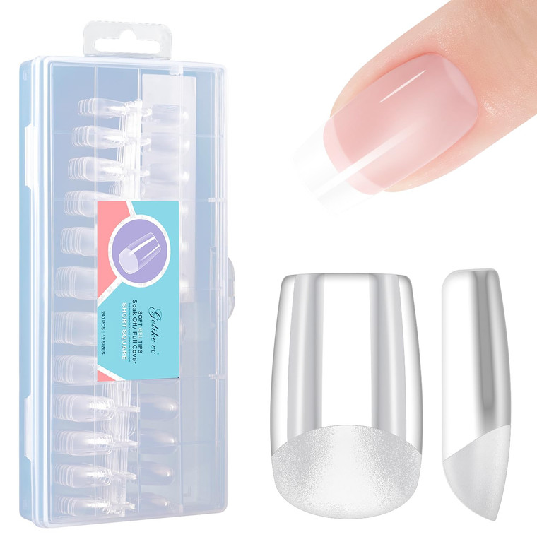 Gelike EC Short Square Nail Tips: Soft Gel False Nail Tips Full Cover for Nail Extensions - Acrylic Nails Professional Clear Gelly Tips False Press o