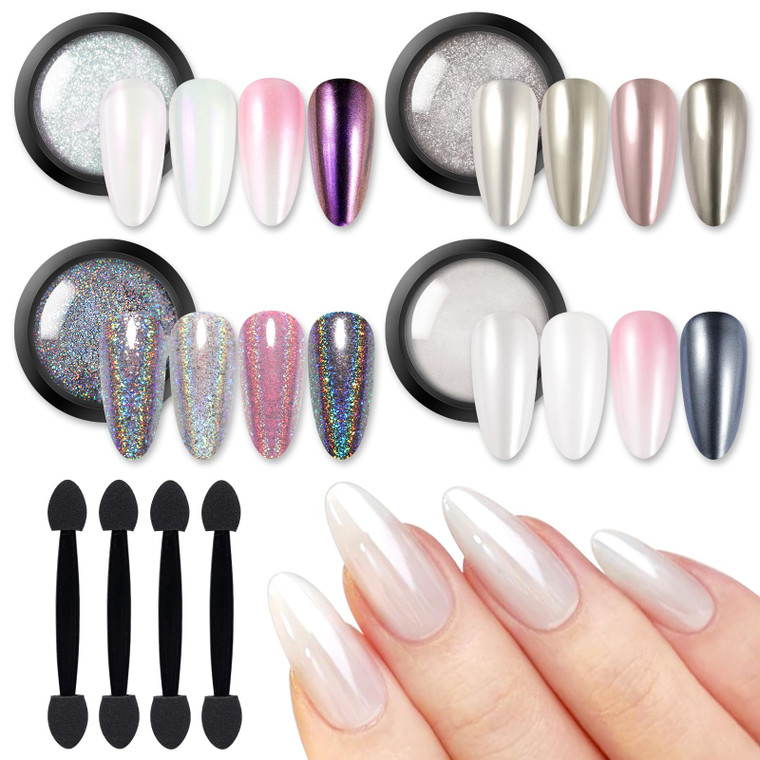 BORN PRETTY Chrome Nail Powder,White Pearl Metallic Mirror Holographic Chrome Powder for Nails,Pearl Glitter Pigment Dust Kit Nail Art Decoration Set