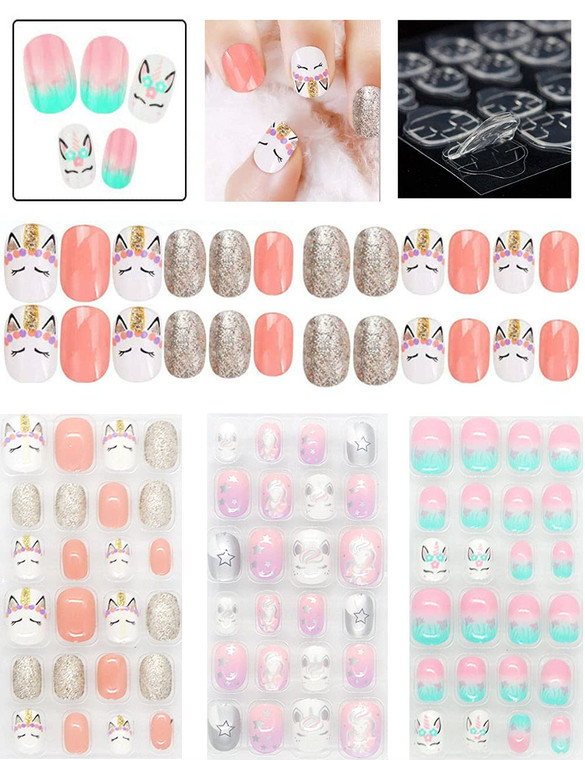 Rain Bingo 72 Pieces False Nails Press on Nails for Kids- Unicorn Short Fake Artificial Full Cover Nail Art Kits Transation with Nail Glue Tabs for G