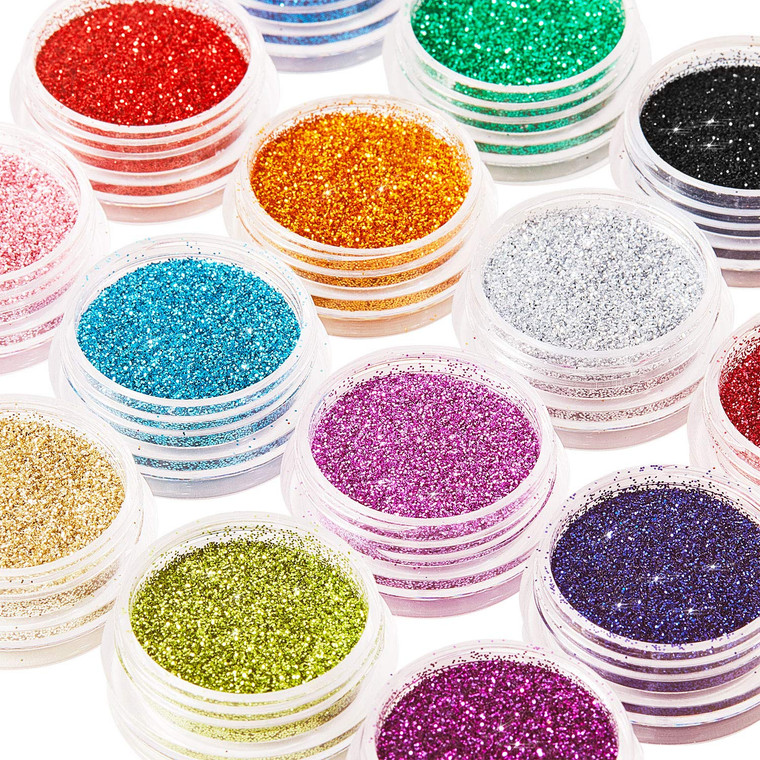 16 Colors Fine Glitter Holographic Nail Glitter Sequins Cosmetic Festival Powder with 6 Small Brushes for Arts and Craft Eyeshadow, Makeup, Nail Body