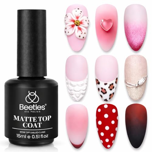 Beetles Matte Gel Top Coat for Gel Nail Polish,15ML Chrome Proof Matte Top Coat No Wipe Powder-Resist Matte Finish for Detail Chrome Powder Painting