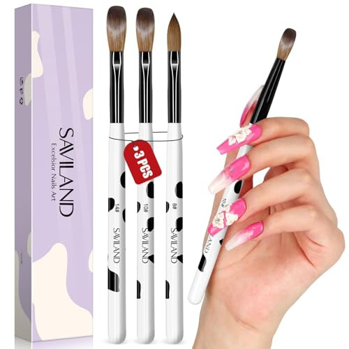 SAVILAND 3pcs Acrylic Nail Brush Set, Size 8/10/14 Kolinsky Acrylic Nail Brushes for Acrylics Application, Acrylics Powder Nails Art Extension with B
