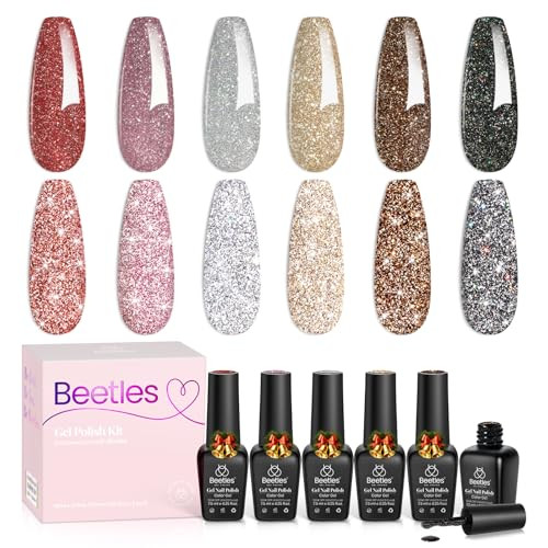 Beetles Glitter Gel Nail Polish, 6 Colors Holographic Sparkle Glitter Gel Polish Flash Diamond Sliver Gold Red Black UV LED Soak Off Manicure Gift fo