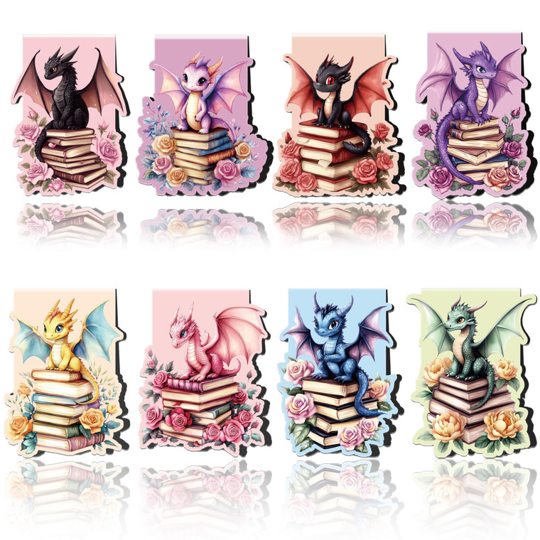 Dragon Magnetic Bookmarks: 8 PCS Floral & Cute Animals Magnet Book Markers for Reading Kids Boys Girls, Unique Dragon Book Mark Clips, Gifts for Nove