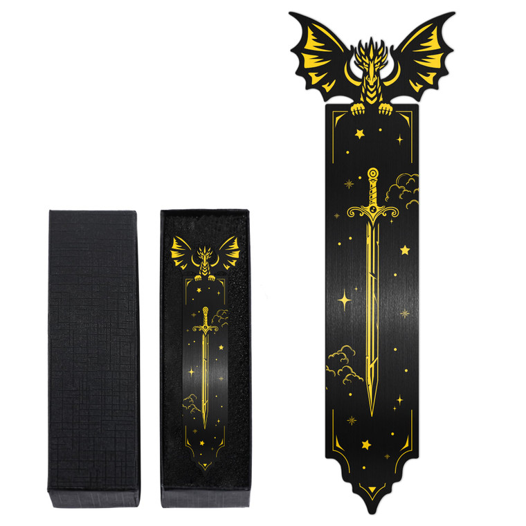 Fantasy Dragon Metal Bookmark, Black and Gold Sword Book Mark for Men, Cool Dragon Book Marker for Boys Kids, Unique Gothic School Office Supplies Ch